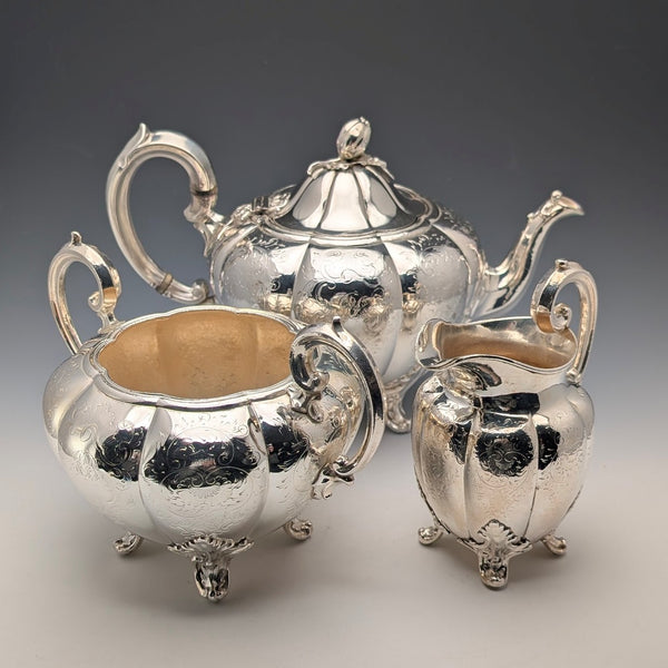 Circa 1850 British antique silver plate tea set, 3 piece set, Padley Parkin